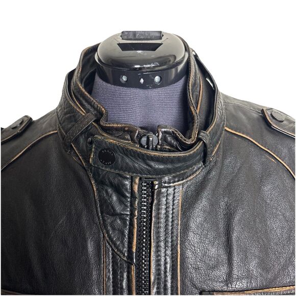 Black Rivet Cafe Racer Motorcycle Leather Jacket Mens XL Brown Distressed Finish - Picture 2 of 12